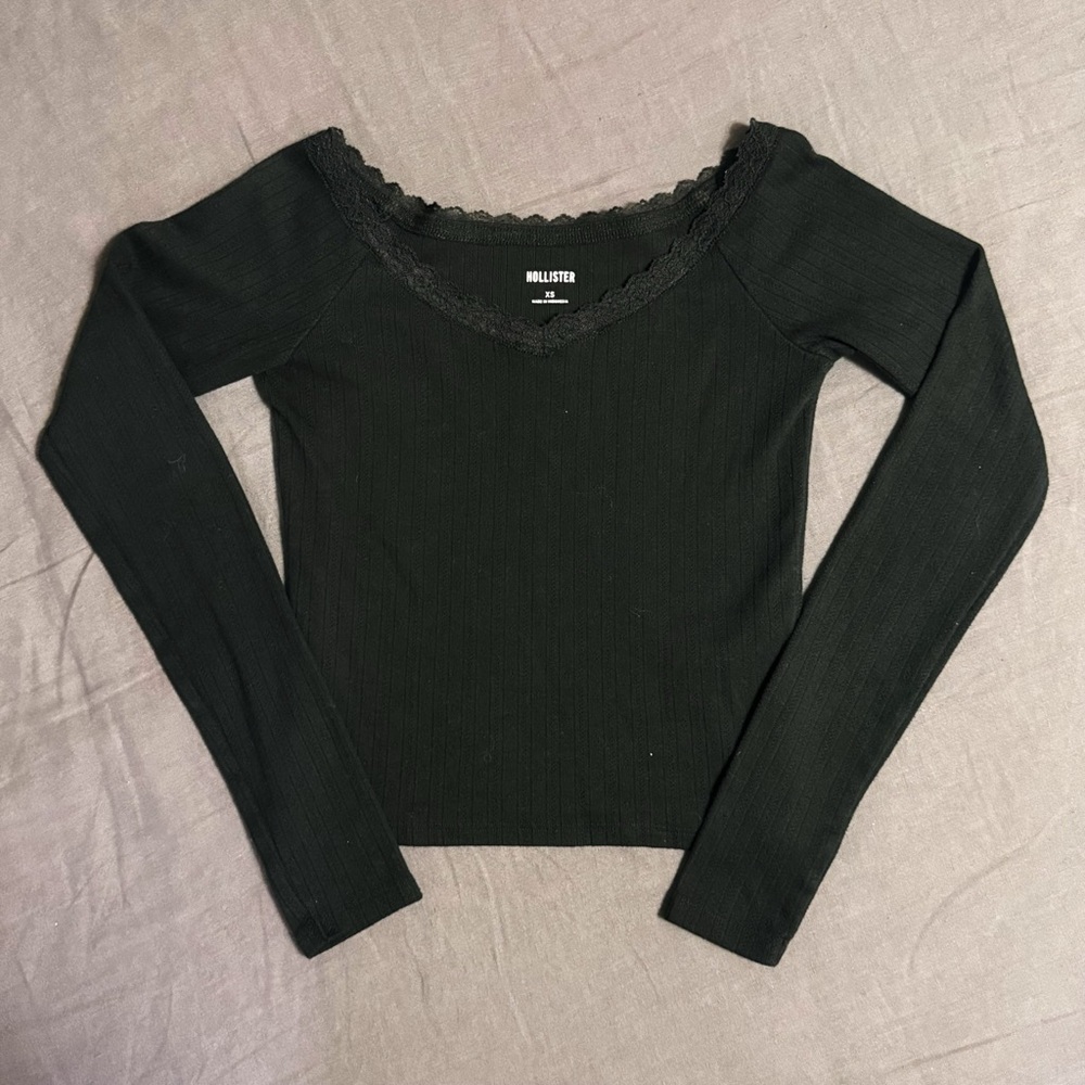 Hollister Pointelle Lace-Trim V-Neck Top Black Women XS